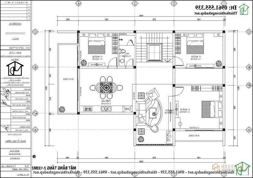 Mặt bằng nội thất tầng 3 biệt thự 3 tầng 10x14m NDBT3T25