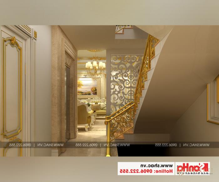 Thiết kế nội thất sảnh thang nhà ống cổ điển đẹp tại Vĩnh Phúc 