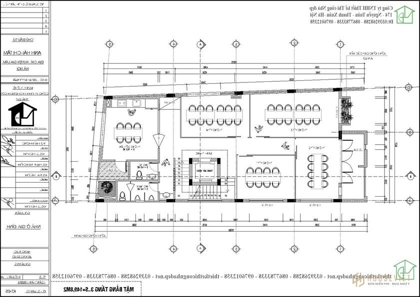 Mặt bằng tầng 3 nhà ống 5 tầng 8x18m NDNP5T5