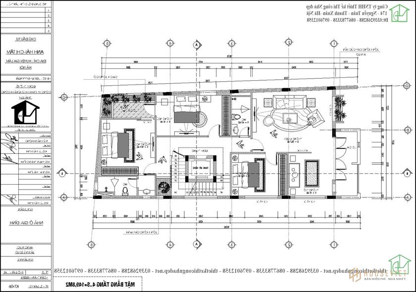 Bản vẽ mặt bằng tầng 4 nhà ống 5 tầng 8x18m NDNP5T5