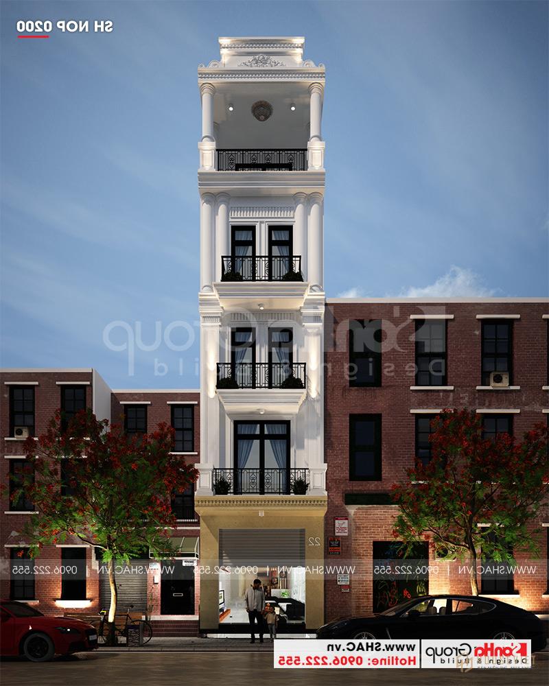 Mẫu nhà tân cổ điển 5 tầng diện tích 41,6m2 (4m x 10,4m) tại Hải Phòng - SH NOP 0200 15 Phối cảnh kiến trúc ngoại thất mẫu nhà phố 5 tầng phong cách tân cổ điển thiết kế đẹp, nhẹ nhàng, tinh tế đến từng chi tiết tại Hải Phòng - SH NOP 0200