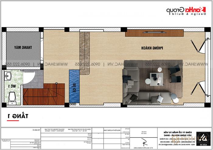 Mẫu nhà ống tân cổ điển 5 tầng diện tích 41,6m2 (4m x 10,4m) tại Hải Phòng - SH NOP 0200 16 Công năng tầng 1 nhà tân cổ điển diện tích 41,6m2 có thang máy tại Hải Phòng