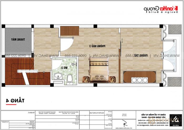 Mẫu nhà ống tân cổ điển 5 tầng diện tích 41,6m2 (4m x 10,4m) tại Hải Phòng - SH NOP 0200 19 Mặt bằng công năng tầng 4 mẫu nhà tân cổ điển diện tích 41,6m2 có thang máy tại Hải Phòng