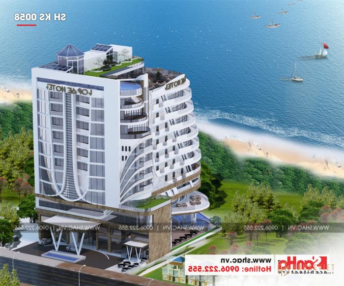 Mẫu thiết kế khách sạn tiêu chuẩn 5 sao 1078,5m2 hiện đại tại Phú Quốc - SH KS 0058 29 Phối cảnh tổng thể cho thấy quy mô của một công trình khách sạn 5 sao hiện đại