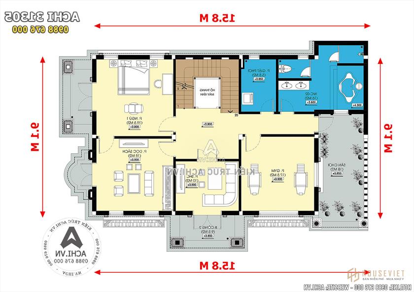 Ảnh: Mặt bằng công năng tầng 2 mẫu biệt thự 3 tầng tân cổ điển đẹp