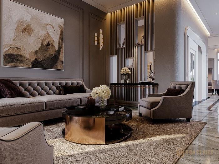 Bộ ghế sofa nỉ nổi bật trong không gian phòng khách