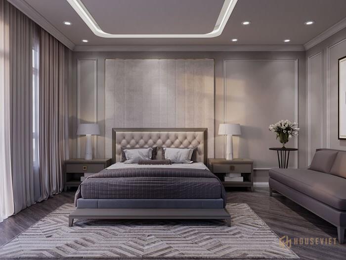 Phòng ngủ với gam màu nhẹ nhàng, trầm ấm giúp gia chủ có không gian nghỉ ngơi tuyệt vời, ngủ sâu giấc giúp tinh thần sảng khoái vào buổi sáng thức dậy.