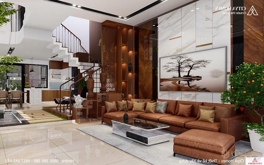 Thiết kế nội thất phòng khách chất liệu gỗ mang đến sự sang trọng