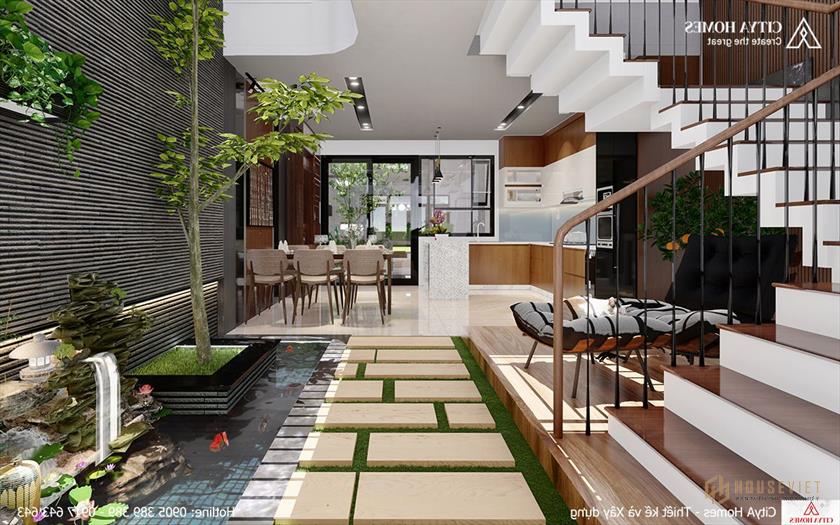 Hồ cá koi thu nhỏ là khoảng đệm tuyệt vời để điều hòa không khí trong nhà