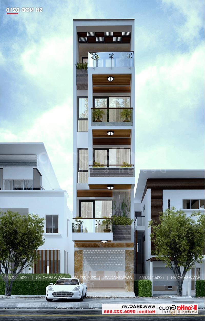 Mẫu thiết kế nhà phố hiện đại 5 tầng mặt tiền 4m1 có gara ô tô tại Hải Dương - SH NOD 0210 17 Cận cảnh kiến trúc mẫu nhà ống nhỏ đẹp mặt tiền 4m1 hiện đại khỏe khoắn với các khối kiến trúc mạch lạc, tương phản với vật liệu xây dựng cao cấp