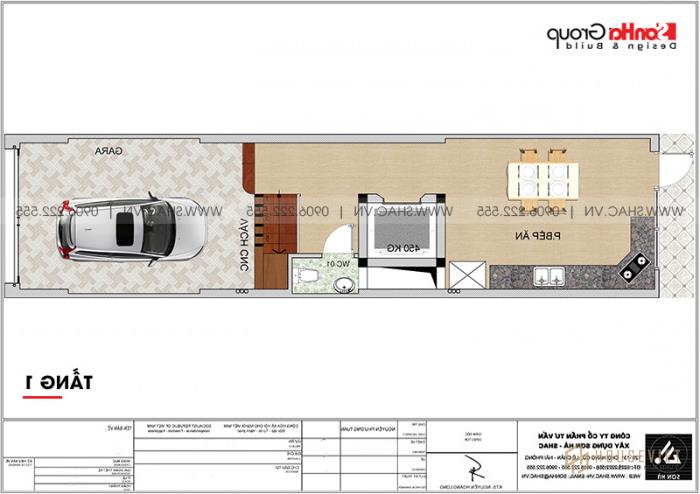 Mẫu thiết kế nhà phố hiện đại 5 tầng mặt tiền 4m1 có gara ô tô tại Hải Dương - SH NOD 0210 19 Mặt bằng công năng tầng 1 nhà ống hiện đại dài 4,1m dài 16,5m có thang máy tại Hải Dương