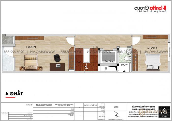 Mẫu thiết kế nhà phố hiện đại 5 tầng mặt tiền 4m1 có gara ô tô tại Hải Dương - SH NOD 0210 22 Mặt bằng công năng tầng 4 nhà ống hiện đại dài 4,1m dài 16,5m có thang máy tại Hải Dương