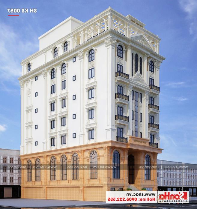 Mẫu thiết kế khách sạn 3 sao tân cổ điển 7 tầng 408m2 tại Vĩnh Phúc - SH KS 0057 21 Mặt tiền khách sạn nổi bật và ấn tượng