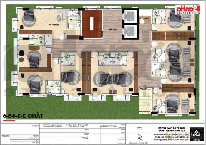 Mẫu thiết kế khách sạn 3 sao tân cổ điển 7 tầng 408m2 tại Vĩnh Phúc - SH KS 0057 25 Chức năng từ tầng 2 đến tầng 6