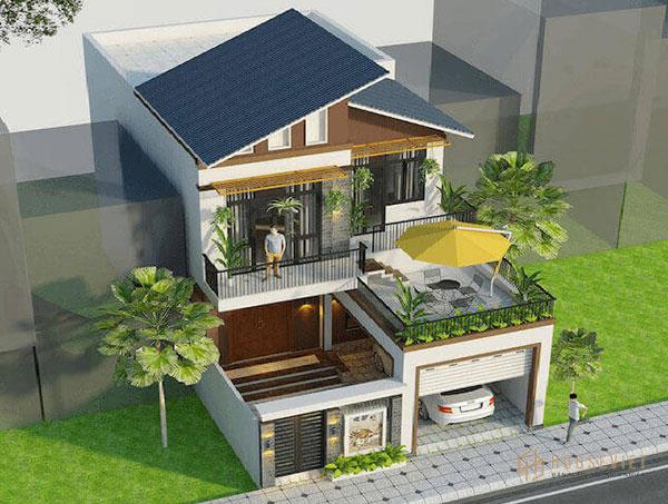 Mẫu nhà chữ L 2 tầng mái xéo