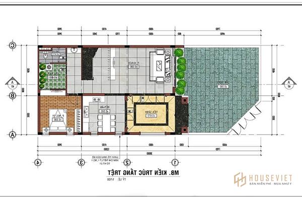 Bản vẽ nhà 2 tầng mái lệch được bố trí công năng khoa học.