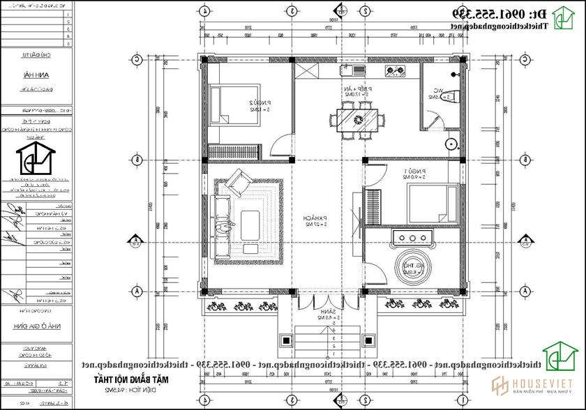Mặt bằng nội thất mẫu nhà vuông 1 tầng 2 phòng ngủ 10x9m tại Thái Bình NDBT1T124