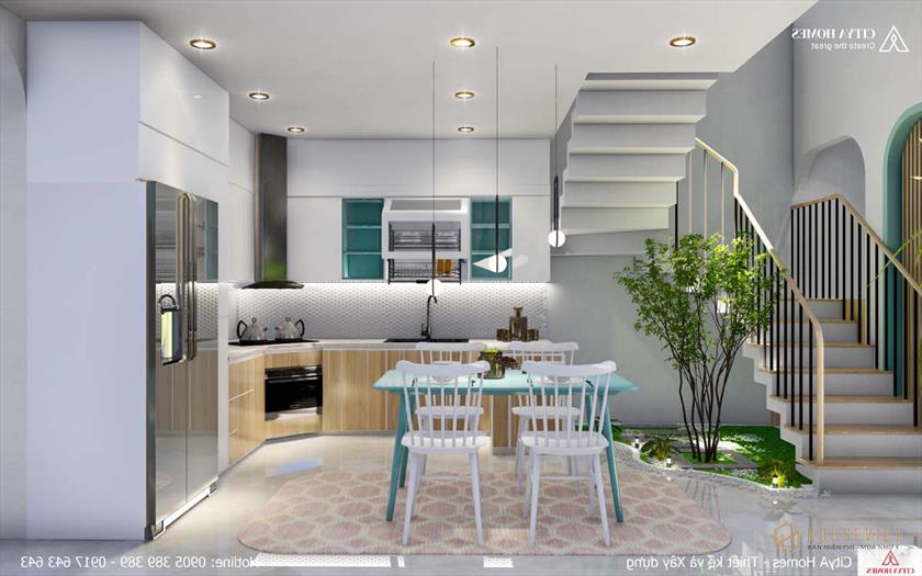 Mẫu phòng bếp có tiểu cảnh không gian xanh mát và lấy sáng từ giếng trời.