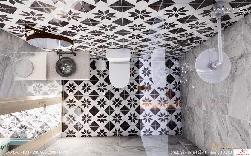 Phòng tắm được lát đá hoa văn mang đến cảm giác mới lạ