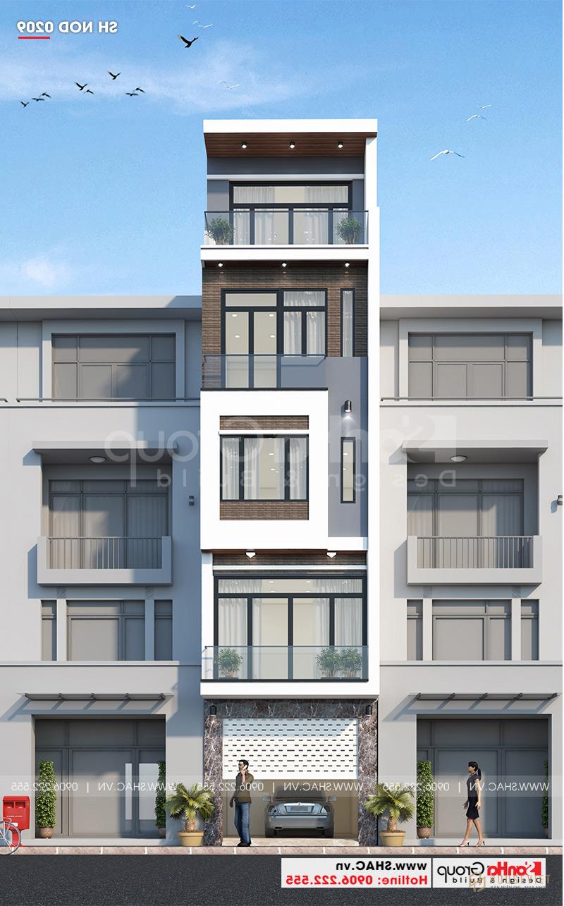 Mẫu thiết kế nhà ống 5 tầng 4m x 10,6m phong cách hiện đại có gara ô tô tại Hà Nội - SH NOD 0209 15 Kiến trúc mặt tiền của mẫu nhà phố 5 tầng hiện đại đẹp tuy có hình khối đơn giản nhưng cũng đủ gợi lên sự khỏe khoắn, vững chãi.
