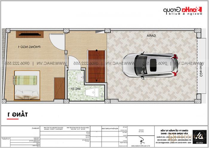 Mẫu thiết kế nhà ống 5 tầng 4m x 10,6m phong cách hiện đại có gara ô tô tại Hà Nội - SH NOD 0209 16 Bản vẽ mặt bằng công năng chi tiết tầng 1 nhà ống đẹp hiện đại tại Hà Nội