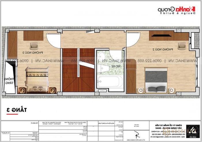Mẫu thiết kế nhà ống 5 tầng 4m x 10,6m phong cách hiện đại có gara ô tô tại Hà Nội - SH NOD 0209 18 Mặt bằng công năng chi tiết tầng 3 mẫu nhà ống đẹp hiện đại tại Hà Nội
