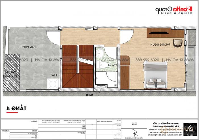 Mẫu thiết kế nhà ống 5 tầng 4m x 10,6m phong cách hiện đại có gara ô tô tại Hà Nội - SH NOD 0209 19 Bản vẽ mặt bằng công năng chi tiết tầng 4 nhà ống đẹp hiện đại tại Hà Nội