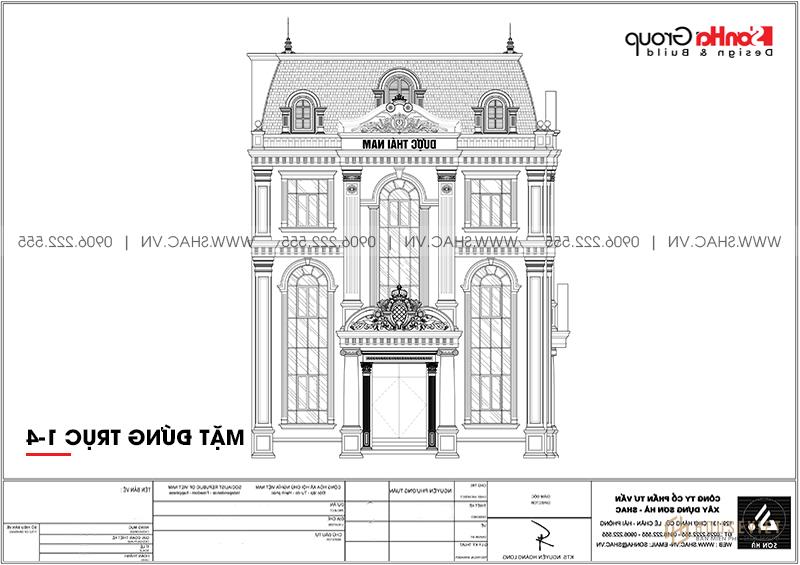 Biệt thự tân cổ điển 3 tầng làm văn phòng và khu trưng bày - BTP 0156 5 Bản vẽ mặt bằng biệt thự 2 mặt tiền trục 1-4 mái thái tại Hà Nội