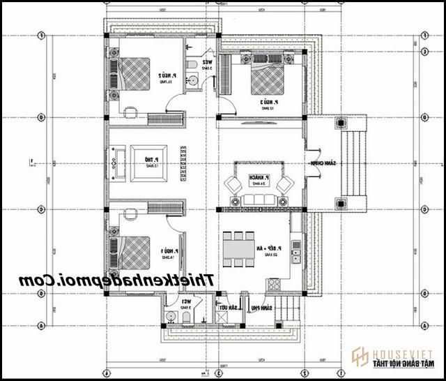 Bản vẽ xây nhà trệt 3 phòng ngủ 140m2