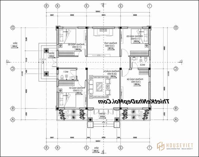 Bản vẽ nhà 1 tầng 4 phòng ngủ 1 phòng thờ