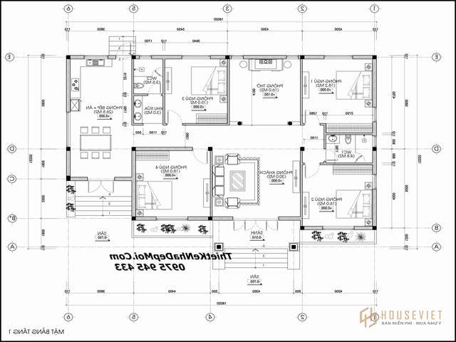 Bản vẽ nhà 1 tầng 4 phòng ngủ hướng Nam