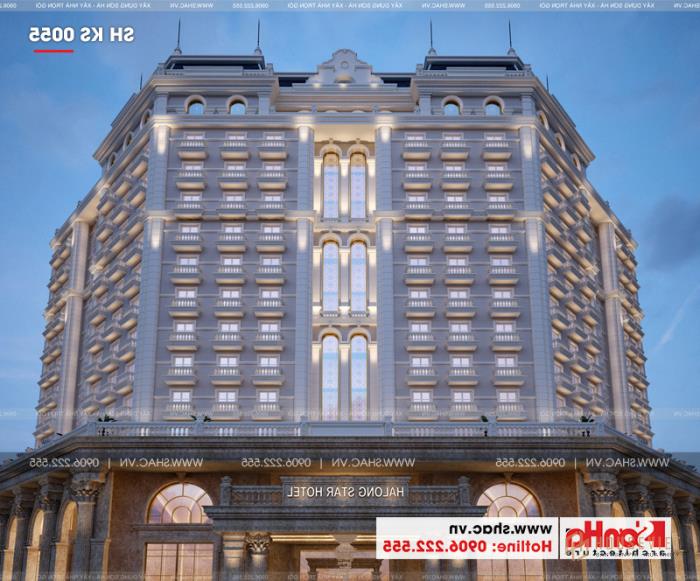 Mẫu thiết kế khách sạn tiêu chuẩn 5 sao 2000m2 tại Quảng Ninh - SH KS 0055 35 Mặt tiền sang trọng của khách sạn 5 sao này