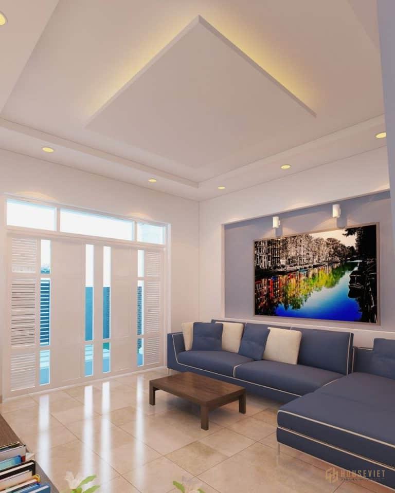 Không gian phòng khách được thiết kế đơn giản với tông màu sáng