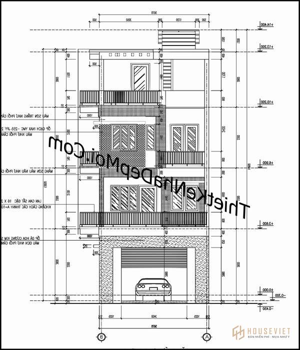 Bản vẽ trục đứng nhà ống 4 tầng hiện đại ngang 5.6m mặt tiền