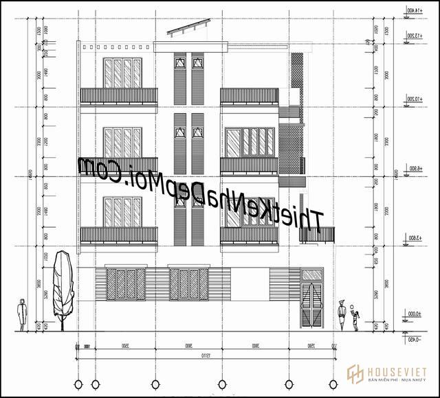 Mặt cắt nhà hai mặt tiền 4 tầng 