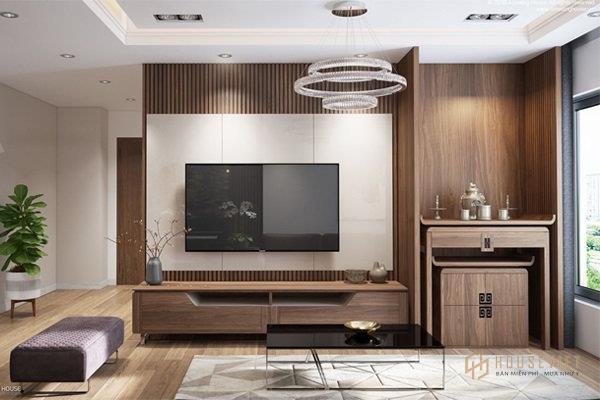 Gỗ tự nhiên được sử dụng làm vách ngăn phòng khách