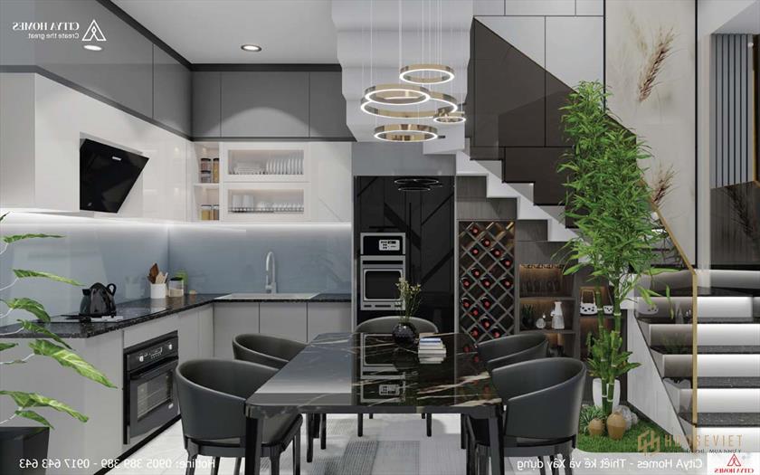 Phòng bếp sử dụng gam màu tối thể hiện cá tính của gia chủ.