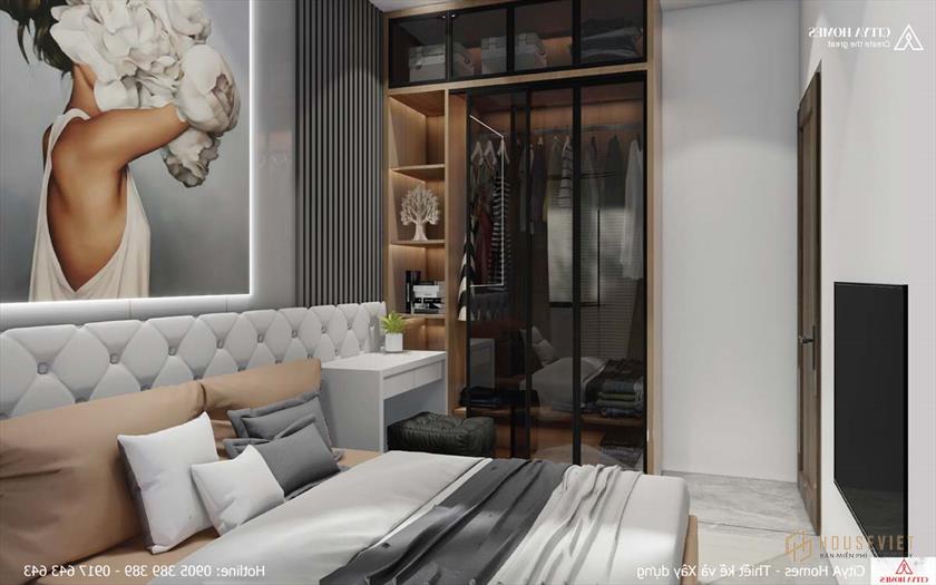 Tủ quần áo được thiết kế trong suốt, chạm tường, kết hợp với những thanh gỗ tạo nên vẻ đẹp tinh tế