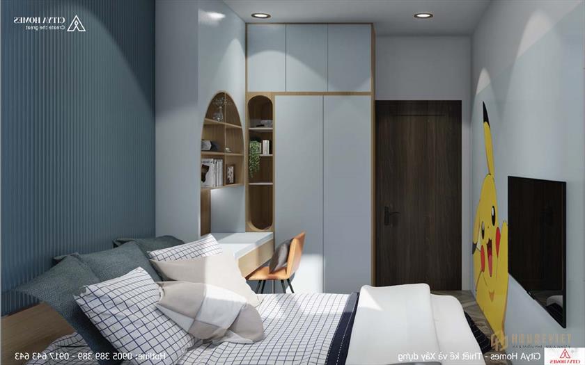 Phòng ngủ cho bé siêu dễ thương với gam màu xanh tươi mát và những hình vẽ hoạt hình