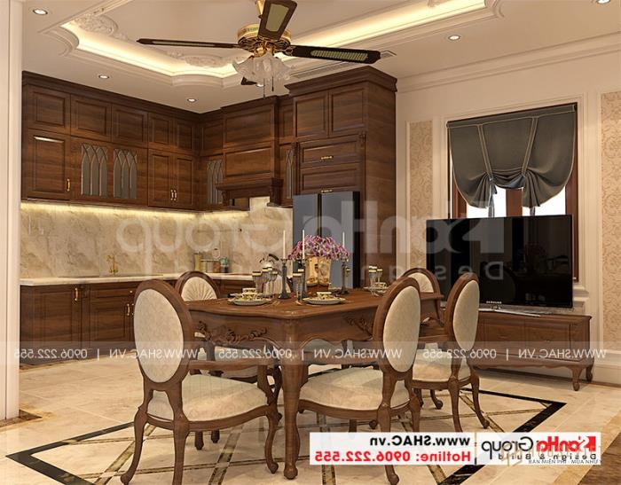 Mẫu thiết kế nhà ống bán biệt thự cổ điển Pháp 5 tầng 7,5m x 11,78m tại Hải Phòng - SH SỐ 0198 74 Tủ bếp gỗ được bố trí đẹp mắt và hài hòa trong không gian bếp ấn tượng