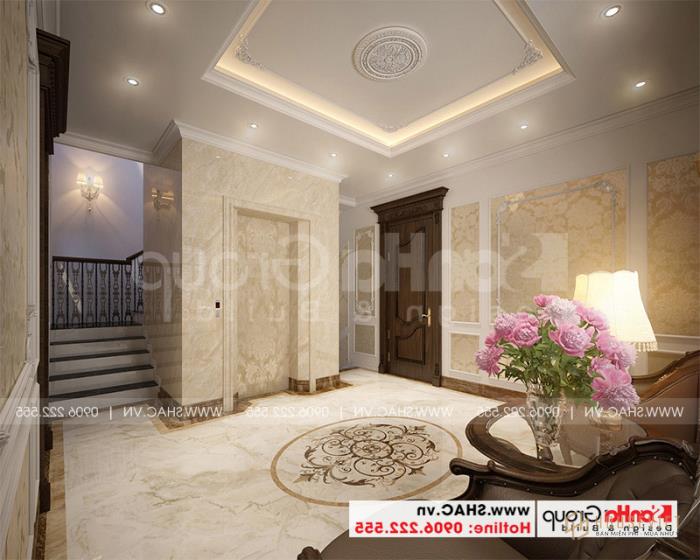 Mẫu thiết kế nhà ống bán biệt thự cổ điển Pháp 5 tầng 7,5m x 11,78m tại Hải Phòng - SH SỐ 0198 82 Phương án bố trí nội thất sảnh cầu thang đẹp của nhà phố tân cổ điển