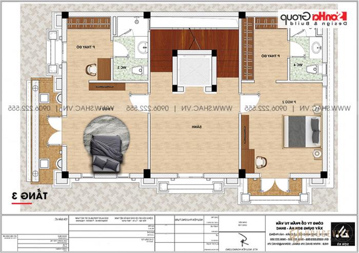 Mẫu thiết kế nhà ống bán biệt thự cổ điển Pháp 5 tầng 7,5m x 11,78m tại Hải Phòng - SH SỐ 0198 86 Bản vẽ chi tiết mặt bằng công năng tầng 3 nhà ống cổ điển Pháp diện tích 88,35m2 tại Hải Phòng