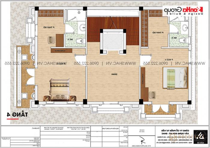 Mẫu thiết kế nhà ống bán biệt thự cổ điển Pháp 5 tầng 7,5m x 11,78m tại Hải Phòng - SH SỐ 0198 87 Bản vẽ chi tiết mặt bằng công năng tầng 4 nhà ống cổ điển Pháp diện tích 88,35m2 tại Hải Phòng