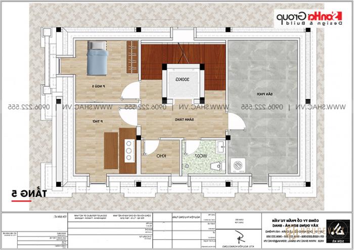 Bán nhà ống biệt thự cổ điển Pháp 5 tầng 7,5m x 11,78m tại Hải Phòng - SH SỐ 0198 88 Bản vẽ chi tiết mặt bằng công năng tầng 5 nhà ống cổ điển Pháp diện tích 88,35m2 tại Hải Phòng