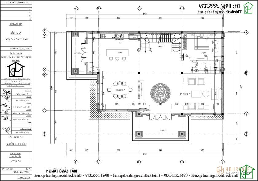 Mặt bằng nội thất tầng 1 biệt thự 3 tầng tân cổ điển 13x19m NDBT3T26