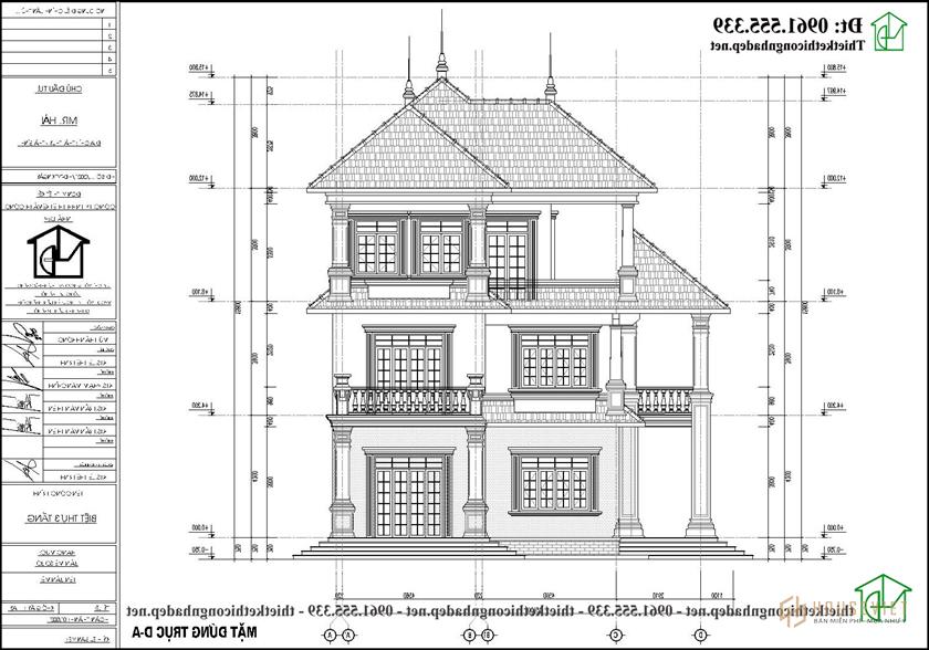 Bản vẽ mặt tiền biệt thự tân cổ điển 3 tầng NDBT3T26.  NDBT3T26