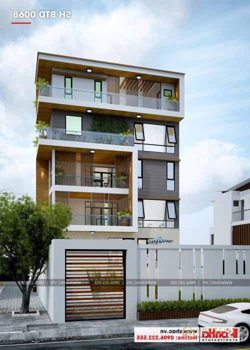 Biệt thự hiện đại có tầng hầm và bể bơi thiết kế sân vườn đẹp tại Thái Bình - SH BTD 0068 2 Mặt tiền biệt thự 5 tầng phong cách hiện đại đẹp