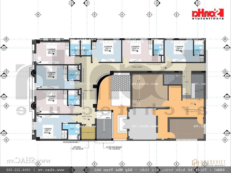 Mặt bằng công năng thiết kế mặt bằng tầng 4 khách sạn boutique kiểu Pháp 7 tầng sh ks 0028