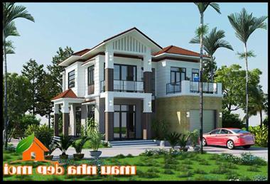 Mẫu biệt thự vườn 2 tầng mái thái có gara ô tô trên khuôn viên cây xanh