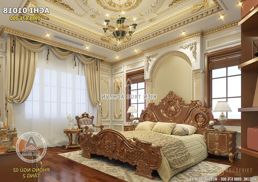 Chiếc giường ngủ gỗ tự nhiên được chạm trổ cầu kỳ, tinh xảo là điểm nhấn cho không gian nội thất phòng ngủ